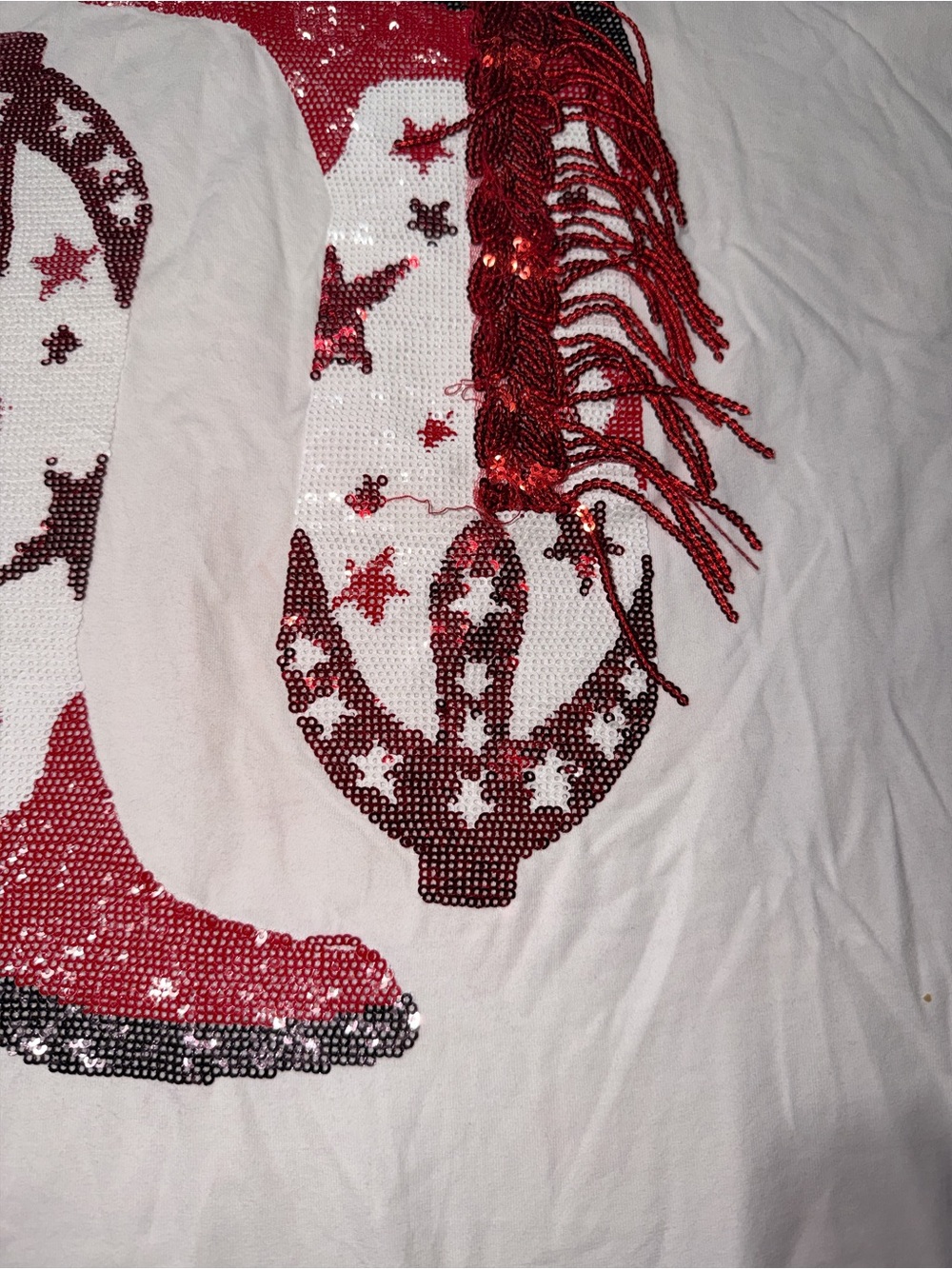 QUEEN OF SPARKLES White Tee with Red Fringe Cowboy Boot Graphic - Picture 2 of 3